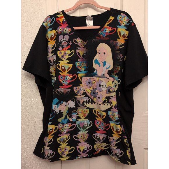 Alice in Wonderland Scrub Top 2X by Disney Black Spandex Sides Womens Plus - Picture 1 of 5